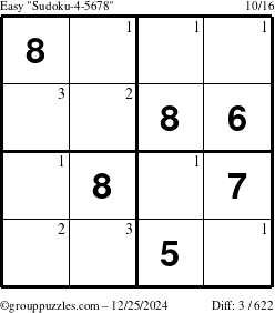 The grouppuzzles.com Easy Sudoku-4-5678 puzzle for Wednesday December 25, 2024 with the first 3 steps marked