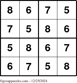 The grouppuzzles.com Answer grid for the Sudoku-4-5678 puzzle for Wednesday December 25, 2024