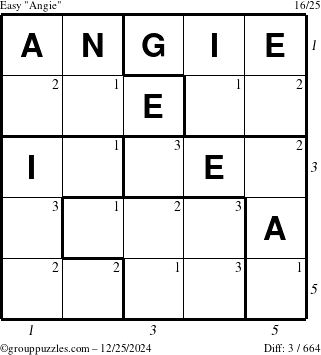 The grouppuzzles.com Easy Angie puzzle for Wednesday December 25, 2024, suitable for printing, with all 3 steps marked