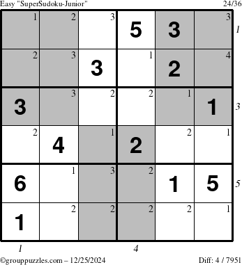 The grouppuzzles.com Easy SuperSudoku-Junior puzzle for Wednesday December 25, 2024, suitable for printing, with all 4 steps marked