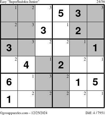 The grouppuzzles.com Easy SuperSudoku-Junior puzzle for Wednesday December 25, 2024 with the first 3 steps marked