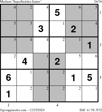 The grouppuzzles.com Medium SuperSudoku-Junior puzzle for Wednesday December 25, 2024 with all 6 steps marked