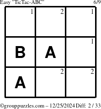 The grouppuzzles.com Easy TicTac-ABC puzzle for Wednesday December 25, 2024 with the first 2 steps marked