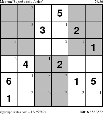 The grouppuzzles.com Medium SuperSudoku-Junior puzzle for Wednesday December 25, 2024 with the first 3 steps marked