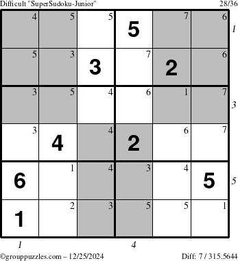 The grouppuzzles.com Difficult SuperSudoku-Junior puzzle for Wednesday December 25, 2024 with all 7 steps marked