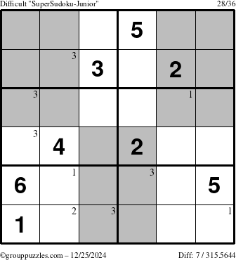 The grouppuzzles.com Difficult SuperSudoku-Junior puzzle for Wednesday December 25, 2024 with the first 3 steps marked