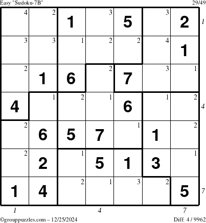 The grouppuzzles.com Easy Sudoku-7B puzzle for Wednesday December 25, 2024, suitable for printing, with all 4 steps marked