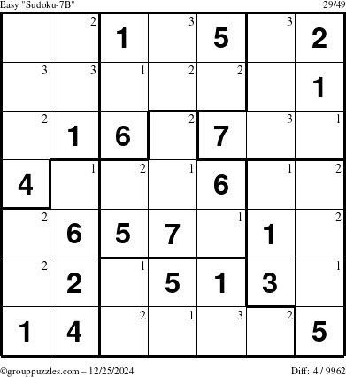 The grouppuzzles.com Easy Sudoku-7B puzzle for Wednesday December 25, 2024 with the first 3 steps marked