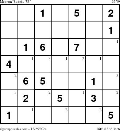 The grouppuzzles.com Medium Sudoku-7B puzzle for Wednesday December 25, 2024 with the first 3 steps marked