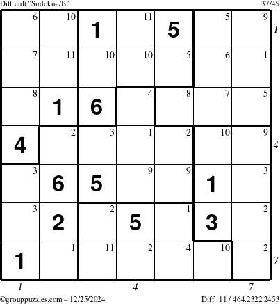 The grouppuzzles.com Difficult Sudoku-7B puzzle for Wednesday December 25, 2024 with all 11 steps marked