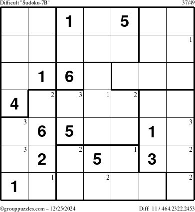 The grouppuzzles.com Difficult Sudoku-7B puzzle for Wednesday December 25, 2024 with the first 3 steps marked