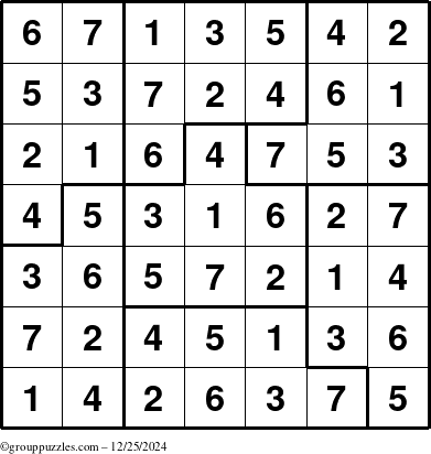 The grouppuzzles.com Answer grid for the Sudoku-7B puzzle for Wednesday December 25, 2024