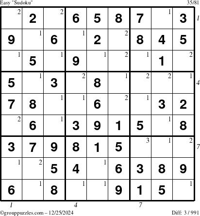 The grouppuzzles.com Easy Sudoku puzzle for Wednesday December 25, 2024 with all 3 steps marked