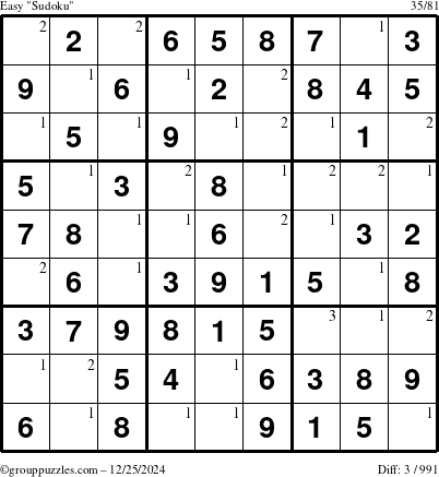 The grouppuzzles.com Easy Sudoku puzzle for Wednesday December 25, 2024 with the first 3 steps marked