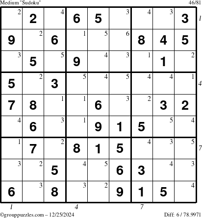 The grouppuzzles.com Medium Sudoku puzzle for Wednesday December 25, 2024 with all 6 steps marked