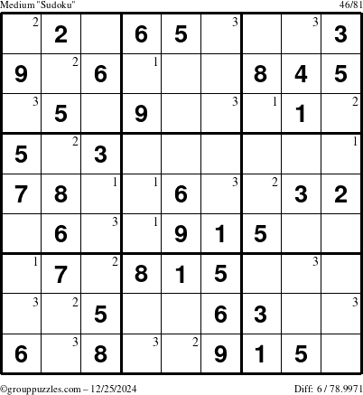 The grouppuzzles.com Medium Sudoku puzzle for Wednesday December 25, 2024 with the first 3 steps marked