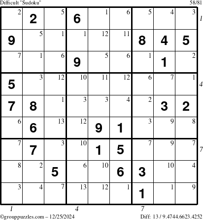 The grouppuzzles.com Difficult Sudoku puzzle for Wednesday December 25, 2024 with all 13 steps marked