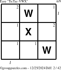 The grouppuzzles.com Easy TicTac-VWX puzzle for Wednesday December 25, 2024 with all 2 steps marked