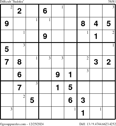 The grouppuzzles.com Difficult Sudoku puzzle for Wednesday December 25, 2024 with the first 3 steps marked