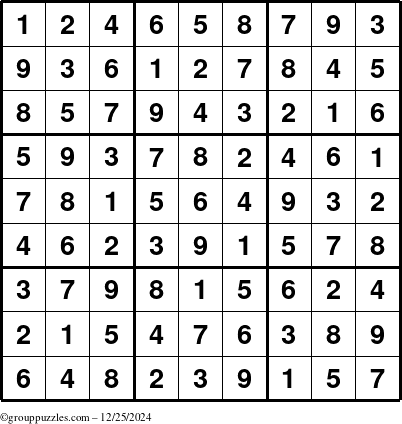 The grouppuzzles.com Answer grid for the Sudoku puzzle for Wednesday December 25, 2024