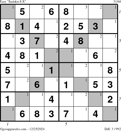 The grouppuzzles.com Easy Sudoku-8-X puzzle for Wednesday December 25, 2024 with all 3 steps marked