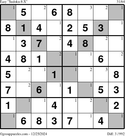 The grouppuzzles.com Easy Sudoku-8-X puzzle for Wednesday December 25, 2024 with the first 3 steps marked