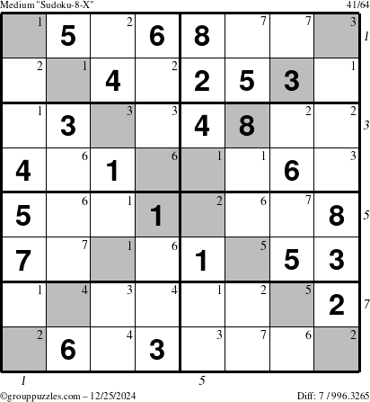 The grouppuzzles.com Medium Sudoku-8-X puzzle for Wednesday December 25, 2024 with all 7 steps marked