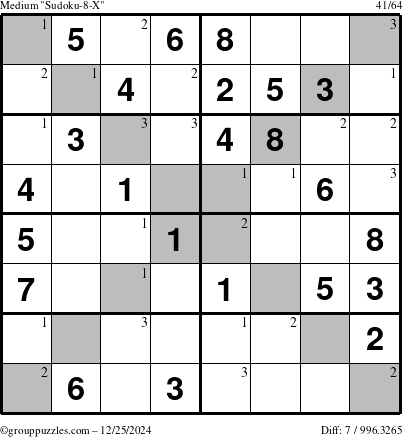 The grouppuzzles.com Medium Sudoku-8-X puzzle for Wednesday December 25, 2024 with the first 3 steps marked