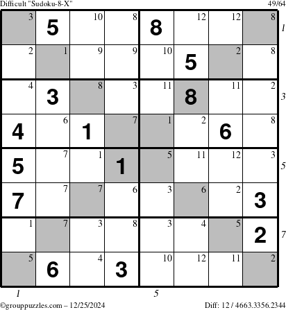 The grouppuzzles.com Difficult Sudoku-8-X puzzle for Wednesday December 25, 2024 with all 12 steps marked