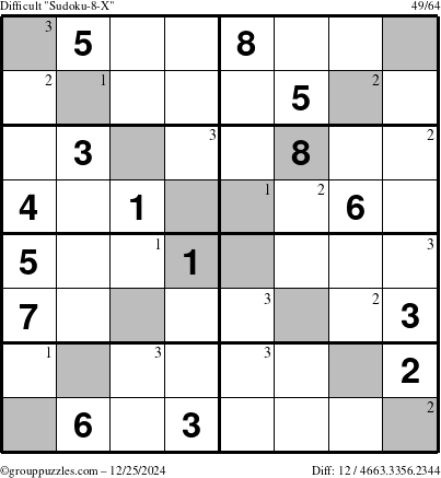 The grouppuzzles.com Difficult Sudoku-8-X puzzle for Wednesday December 25, 2024 with the first 3 steps marked