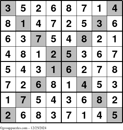 The grouppuzzles.com Answer grid for the Sudoku-8-X puzzle for Wednesday December 25, 2024