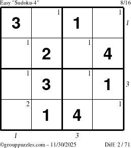 The grouppuzzles.com Easy Sudoku-4 puzzle for Sunday November 30, 2025 with all 2 steps marked