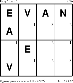 The grouppuzzles.com Easy Evan puzzle for Sunday November 30, 2025 with the first 3 steps marked