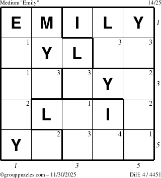 The grouppuzzles.com Medium Emily puzzle for Sunday November 30, 2025 with all 4 steps marked
