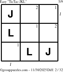 The grouppuzzles.com Easy TicTac-JKL puzzle for Sunday November 30, 2025, suitable for printing, with all 2 steps marked
