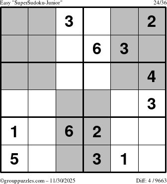 The grouppuzzles.com Easy SuperSudoku-Junior puzzle for Sunday November 30, 2025