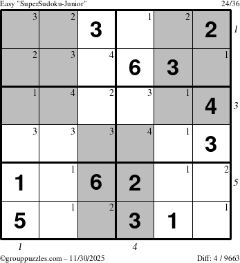 The grouppuzzles.com Easy SuperSudoku-Junior puzzle for Sunday November 30, 2025 with all 4 steps marked