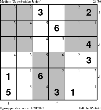 The grouppuzzles.com Medium SuperSudoku-Junior puzzle for Sunday November 30, 2025 with all 6 steps marked