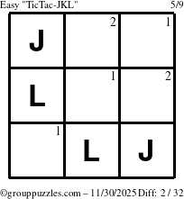 The grouppuzzles.com Easy TicTac-JKL puzzle for Sunday November 30, 2025 with the first 2 steps marked