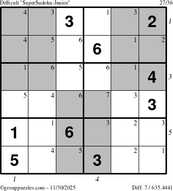 The grouppuzzles.com Difficult SuperSudoku-Junior puzzle for Sunday November 30, 2025, suitable for printing, with all 7 steps marked