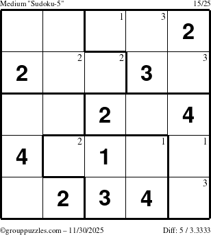 The grouppuzzles.com Medium Sudoku-5 puzzle for Sunday November 30, 2025 with the first 3 steps marked