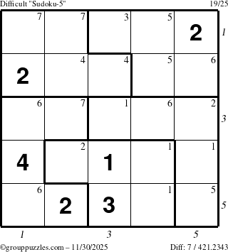 The grouppuzzles.com Difficult Sudoku-5 puzzle for Sunday November 30, 2025, suitable for printing, with all 7 steps marked