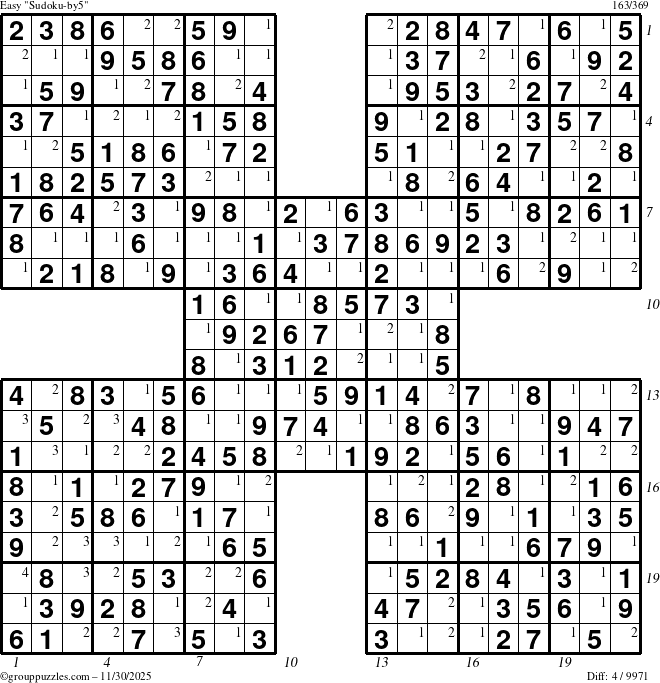 The grouppuzzles.com Easy Sudoku-by5 puzzle for Sunday November 30, 2025 with all 4 steps marked