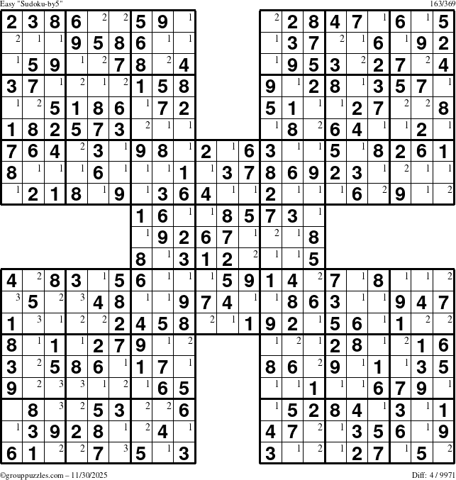 The grouppuzzles.com Easy Sudoku-by5 puzzle for Sunday November 30, 2025 with the first 3 steps marked
