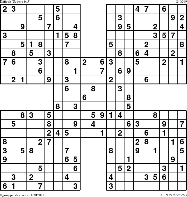The grouppuzzles.com Difficult Sudoku-by5 puzzle for Sunday November 30, 2025