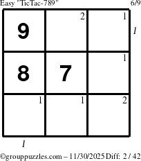 The grouppuzzles.com Easy TicTac-789 puzzle for Sunday November 30, 2025 with all 2 steps marked