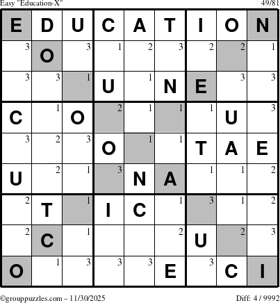 The grouppuzzles.com Easy Education-X puzzle for Sunday November 30, 2025 with the first 3 steps marked