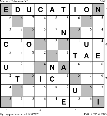 The grouppuzzles.com Medium Education-X puzzle for Sunday November 30, 2025 with all 8 steps marked