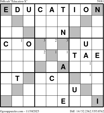 The grouppuzzles.com Difficult Education-X puzzle for Sunday November 30, 2025 with the first 3 steps marked
