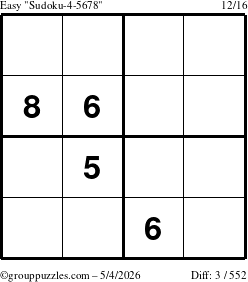 The grouppuzzles.com Easy Sudoku-4-5678 puzzle for Monday May 4, 2026